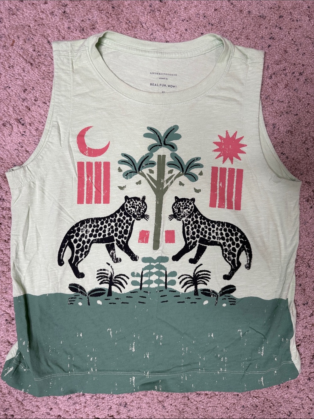 Anthropologie Graphic Tank Top - Sage green Leopards Tee XS